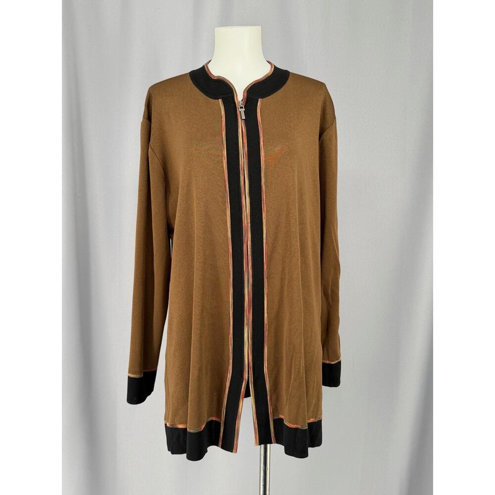 Misook Cardigan Sweater Womens Large Brown Black Full Zip Knit Longline